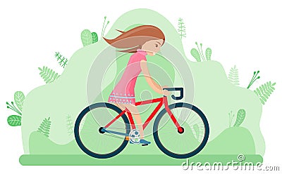 Cycling Woman on Bike in Spring Park Summer Vector Vector Illustration