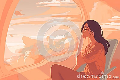 woman passenger journey plane seat trip voyage window flight transportation character. Generative AI. Stock Photo