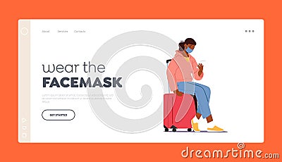 Woman Passenger on Summer Vacation Trip Landing Page Template. Female Character in Mask Sit on Luggage Hold Smartphone Vector Illustration