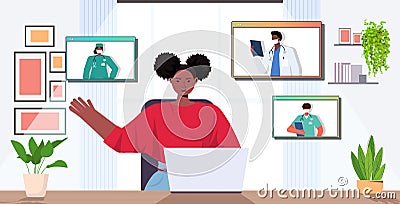 Woman patient discussing with mix race doctors in web browser windows online medical consultation Vector Illustration