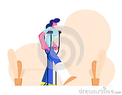 Woman Patient Standing on Crutches with Bandage on Broken Leg, Limb Fracture. Healthcare, Hospital, Medicine, Therapy Vector Illustration