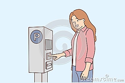 Woman pays for parking for car using street machine to issue ticket or check to avoid getting fine Vector Illustration