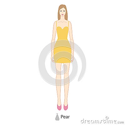 Woman pear body shape character in dress. Female Vector illustration silhouette 9 nine head size lady figure front view Vector Illustration
