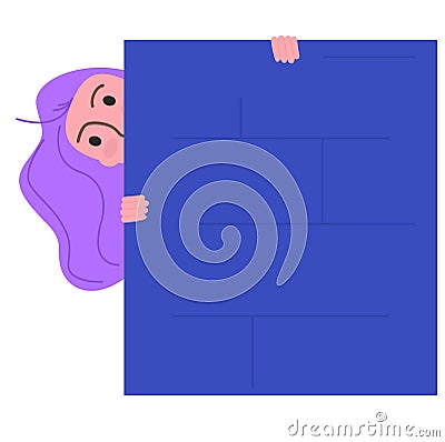 Woman peeking behind blue wall, curious female with purple hair looking at something. Playful character hiding, peekaboo Cartoon Illustration