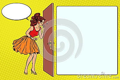 Woman peeking through the peephole Vector Illustration