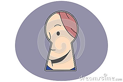 Woman peep in keyhole look for secret Vector Illustration