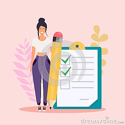 Woman with pencil marked checklist on a clipboard paper. Flat design modern vector illustration concept Vector Illustration
