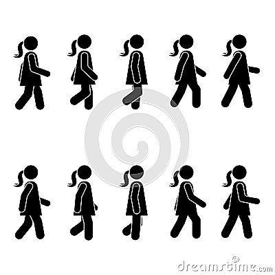 Woman people various walking position. Posture stick figure. Vector standing person icon symbol sign pictogram on white. Vector Illustration