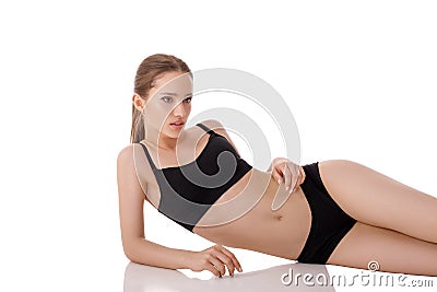 Woman with perfect body in black underwear Stock Photo