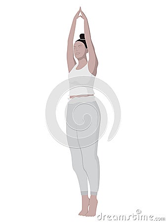 A woman performs a yoga asana on toes with her arms raised up. Vector Illustration