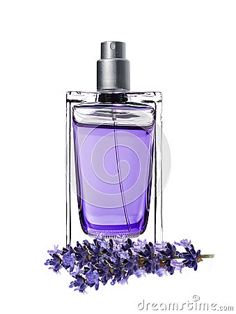 Woman perfume in beautiful bottle and lavender flowers Stock Photo