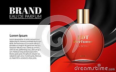 Woman Perfume Glass Bottle Excellent Ads Attractive Cosmetic Package on a Black Red Background. Design Product. Premium Vector Illustration