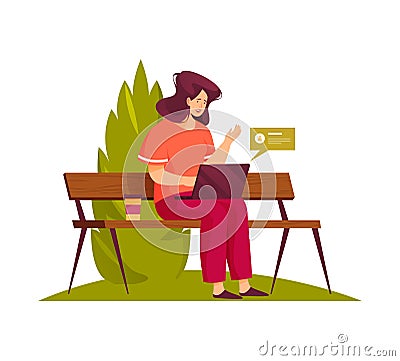 Woman or person have a rest and work in park. Vector Illustration