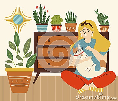 Woman petting her cat in comfy room with green plants, flat vector illustration. Vector Illustration