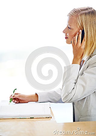 Woman, phone call and receptionist writing notes, listening and talking to contact. Cellphone, notebook and female Stock Photo
