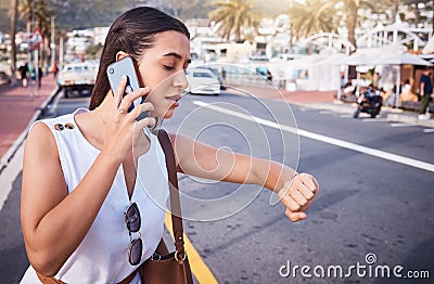Woman, phone call and street with time, taxi and traffic for travel to work for business. Corporate employee waiting Stock Photo