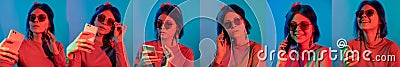 woman phone collage portrait composition face neon Stock Photo