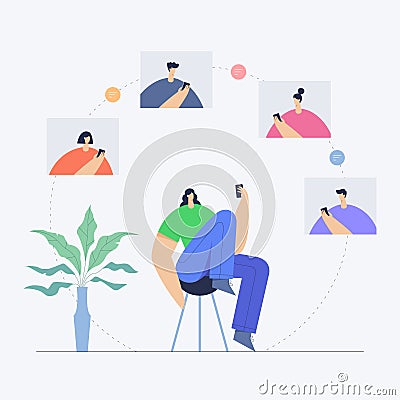 Woman with phone, communication in social networking, mobile and internet interaction. People and virtual connections, video chat Cartoon Illustration