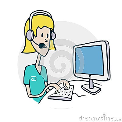 Woman with phone at computer Vector Illustration