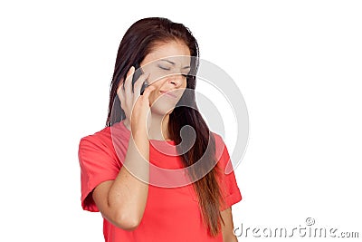 Woman on the phone with a gesture of negativity on her face Stock Photo
