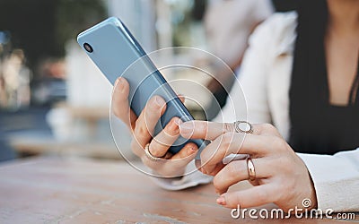 Woman, phone and hand with bokeh for communication, social network and internet chat with technology. Smartphone, person Stock Photo