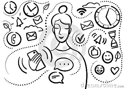 Woman with a phone. Life in the modern world, linear drawing. Doodle style Vector Illustration