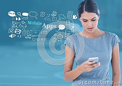 Woman with phone and Mobile Apps text with drawings graphics Stock Photo
