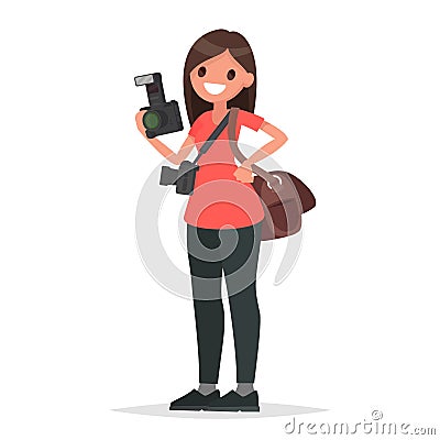 Woman photographer holding a camera on a white background. Vector illustration in a flat style Cartoon Illustration