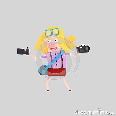 Woman Photographer holding cameras 3D Cartoon Illustration