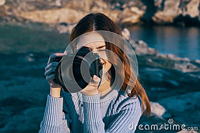 woman photographer nature rocky mountains adventure vacation Stock Photo