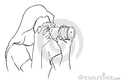Woman Photographer Take a Picture, using dlsr, tele lens attatched, simple vector manual hand draw sketch, isolated on white Vector Illustration