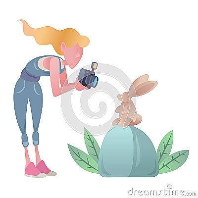 Woman photographer takes pictures of the rabbit Cartoon Illustration