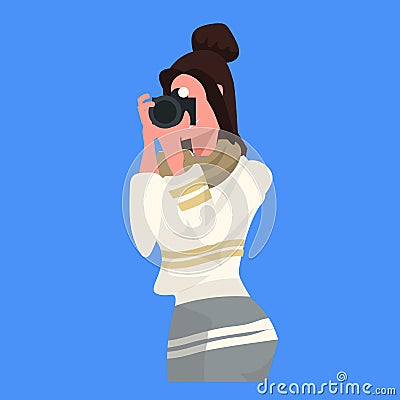 Woman photographer taking picture with camera female journalist reporter shooting professional occupation concept Vector Illustration