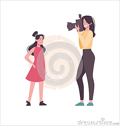 A woman photographs a child on a camera with a flash. Mother takes a photo of her teenage daughter. Cartoon characters Vector Illustration