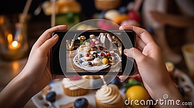 A woman photographs a healthy breakfast for a blog. Generative AI technology Stock Photo
