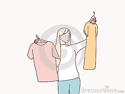 Woman pick her fashion outfit after the shopping simple korean style illustration Vector Illustration