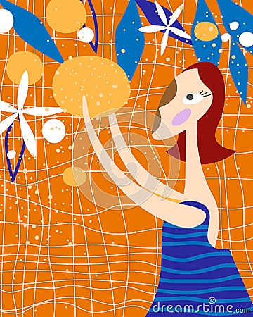 Woman picking fruit oranges on orange background. primitive naive poster graphic design. Geometric shapes. Minimalistic abstract Vector Illustration