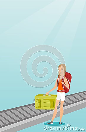 Woman picking up suitcase from conveyor belt. Vector Illustration