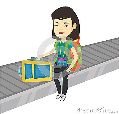 Woman picking up suitcase on luggage conveyor belt Vector Illustration