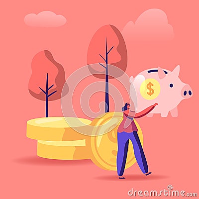 Woman with Piggy Bank in Hands Stand near Golden Coins Pile. People Saving and Collect Money in Thrift-box Vector Illustration