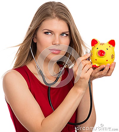 Woman with piggy bank Stock Photo