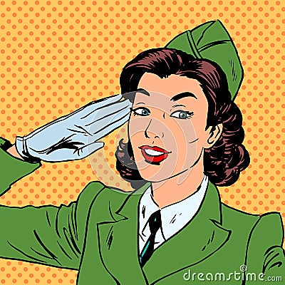 Woman pilot stewardess shape salutes art comics retro style Hal Cartoon Illustration