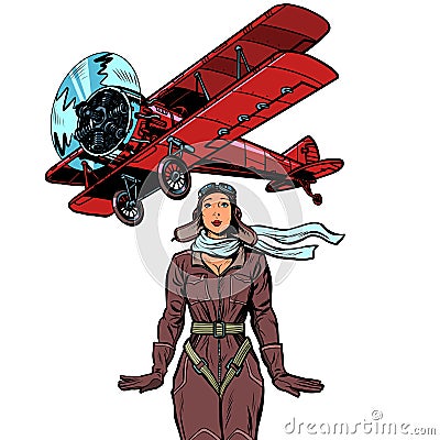 Woman pilot of a vintage biplane airplane. isolate on white background Vector Illustration