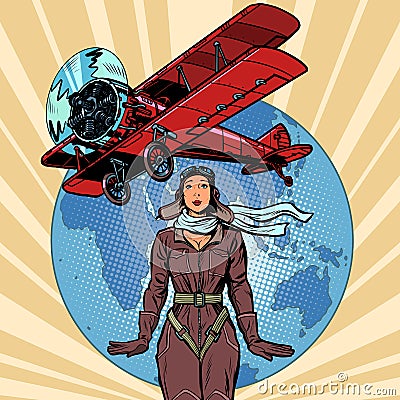 Woman pilot of a vintage biplane airplane Vector Illustration