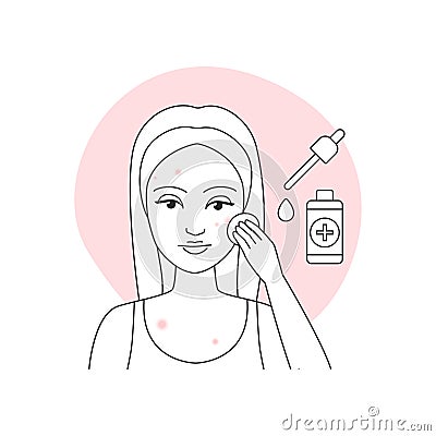 Woman with pimply skin on face applying serum with cotton pad for acne treatment Vector Illustration