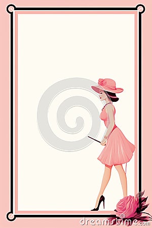 a woman in a pink dress holding a cane and walking in front of an ornate frame Stock Photo
