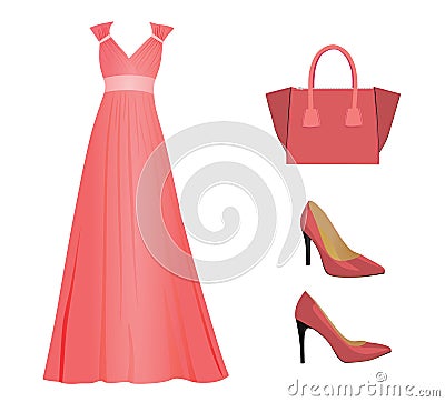 Woman pink outfit, dress, handbag and shoes Vector Illustration