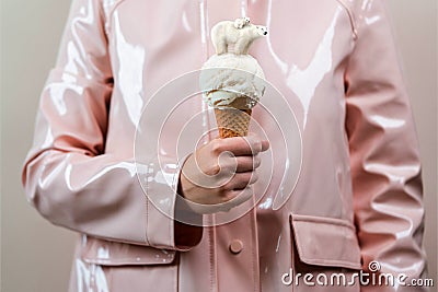 Woman In Pink Raincoat Holding Melting Ice Cream Cone With White Polar Bear. Global Warming Problem, Climate Change And Pollution Stock Photo