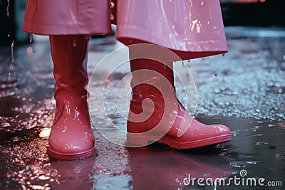 Woman in pink rubber boots and raincoat in rain, close-up of legs. Generative AI Stock Photo