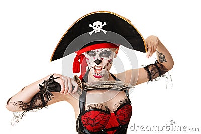 Woman pirate with a sword. Costume for Halloween Stock Photo